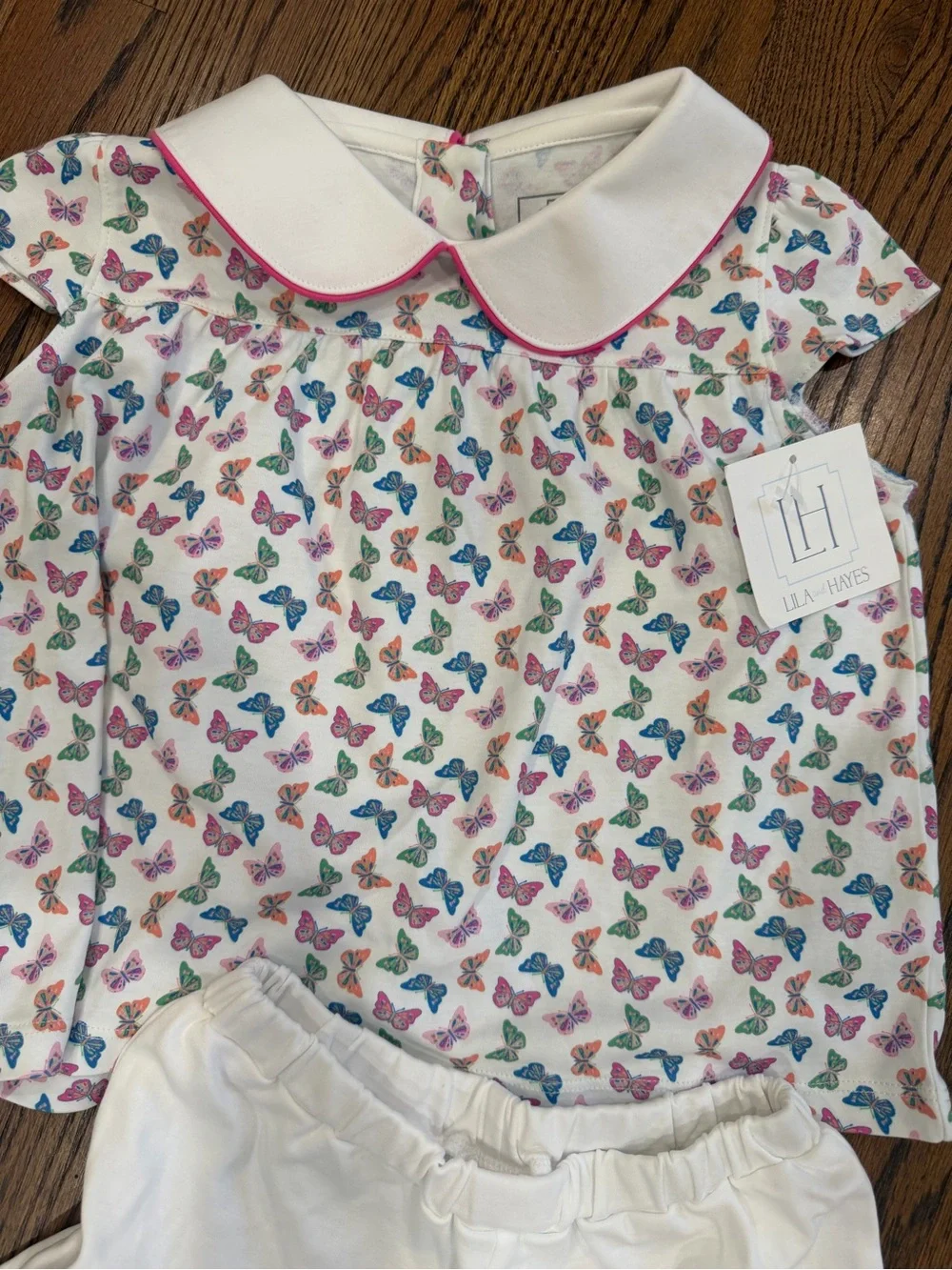 White Butterfly Print Set with Pink-Trim Peter Pan Collar
